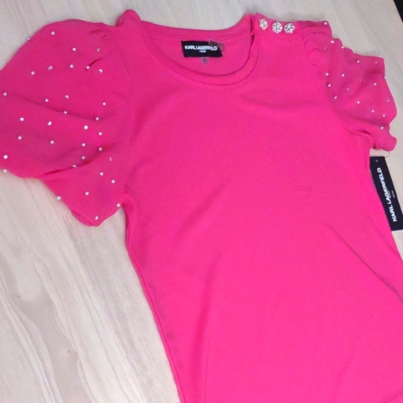 Karl Lagerfeld Crystal Pearl Accent Hot Pink Puff Sleeve Top Y2k - Picture 1 of 7